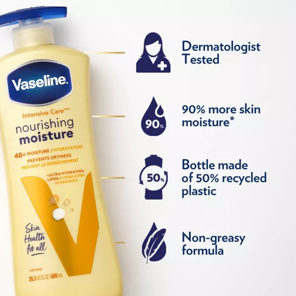 Vaseline Intensive Care Nourishing Moisture Non Greasy Body Lotion for Dry Skin 20.3 Fl Oz