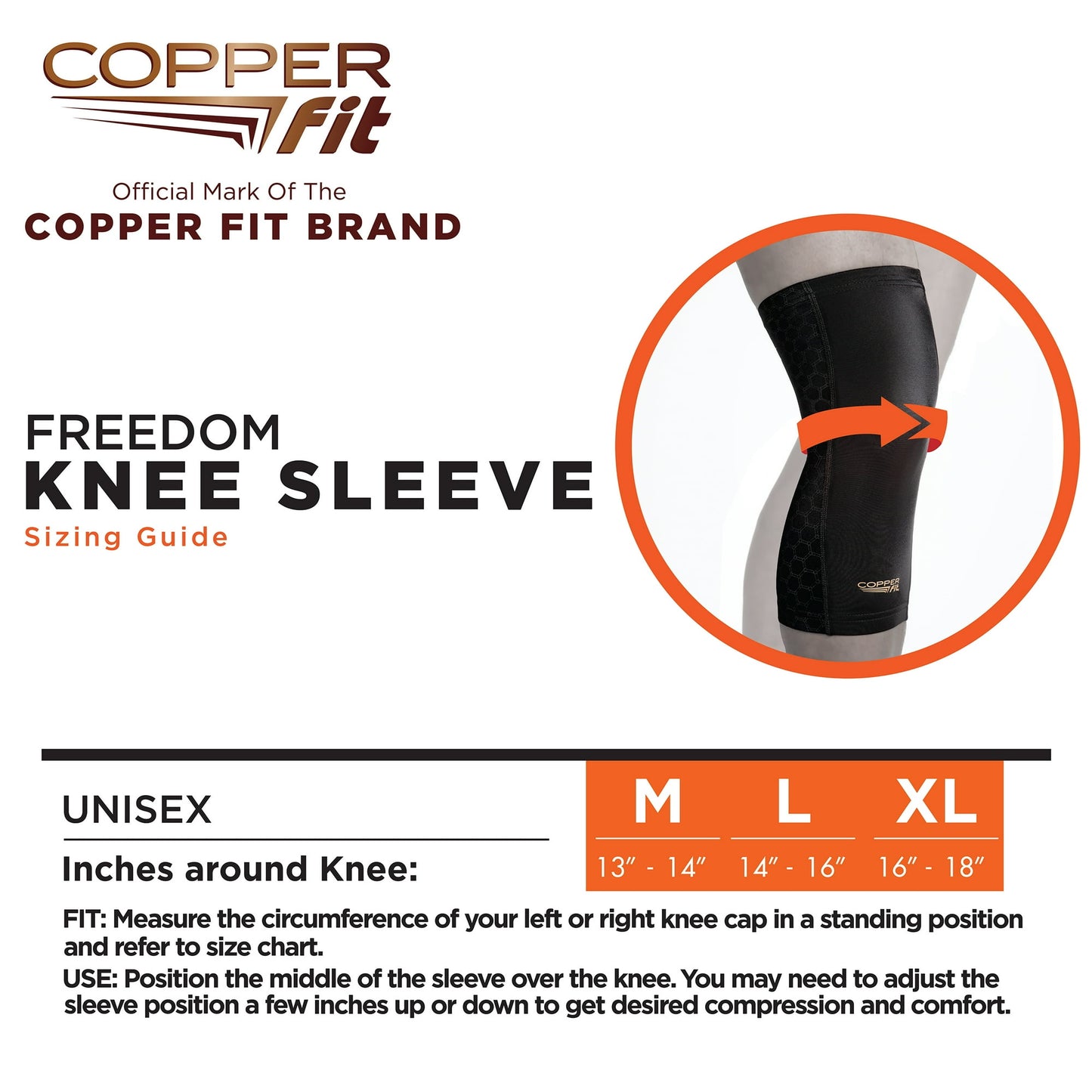 Copper Fit® Copper-infused Freedom Knee Compression Sleeve, 14"-16", Large