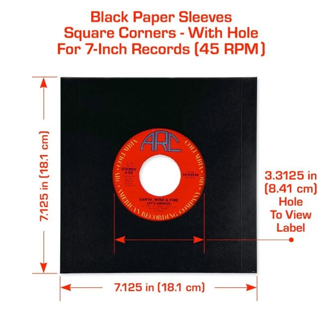 7-Inch Record Paper Inner Sleeves - Square Corners - With Hole - Black