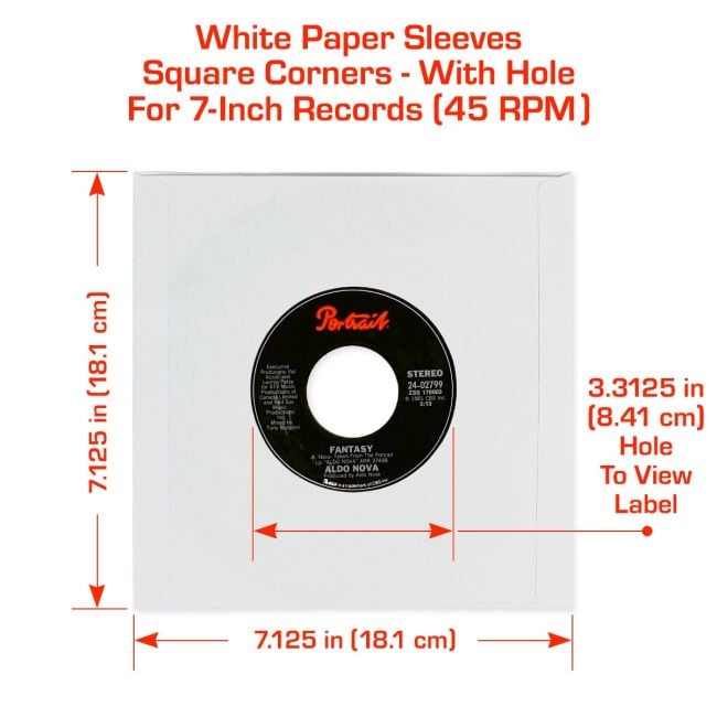 7-Inch Record Paper Inner Sleeves - Square Corners - With Hole - White