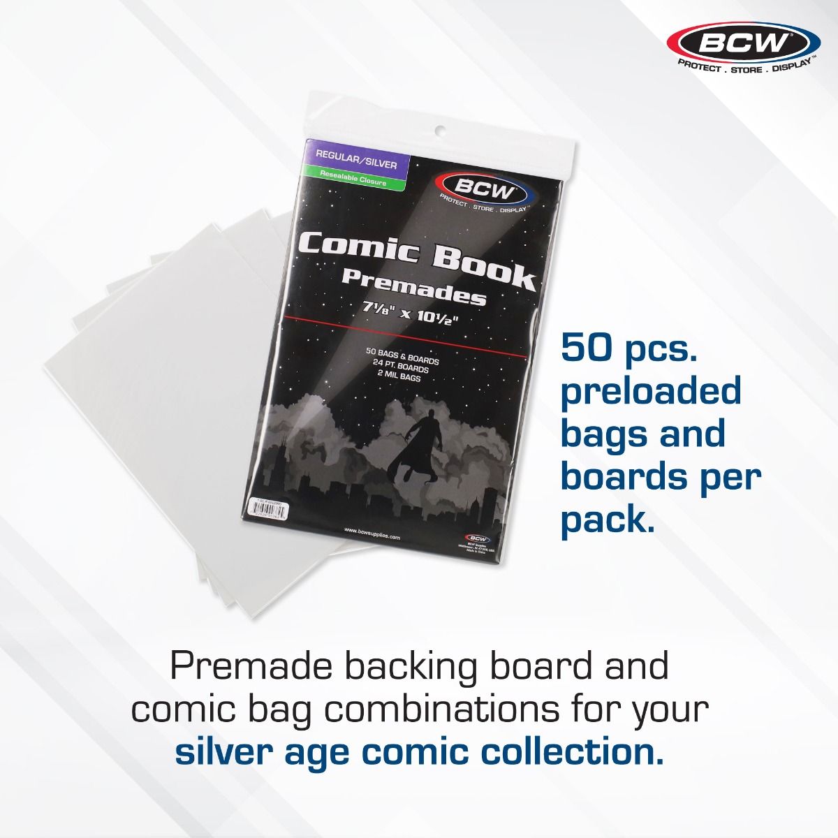 PREMADE RESEALABLE SILVER BAG AND BOARD - 50 CT PACK