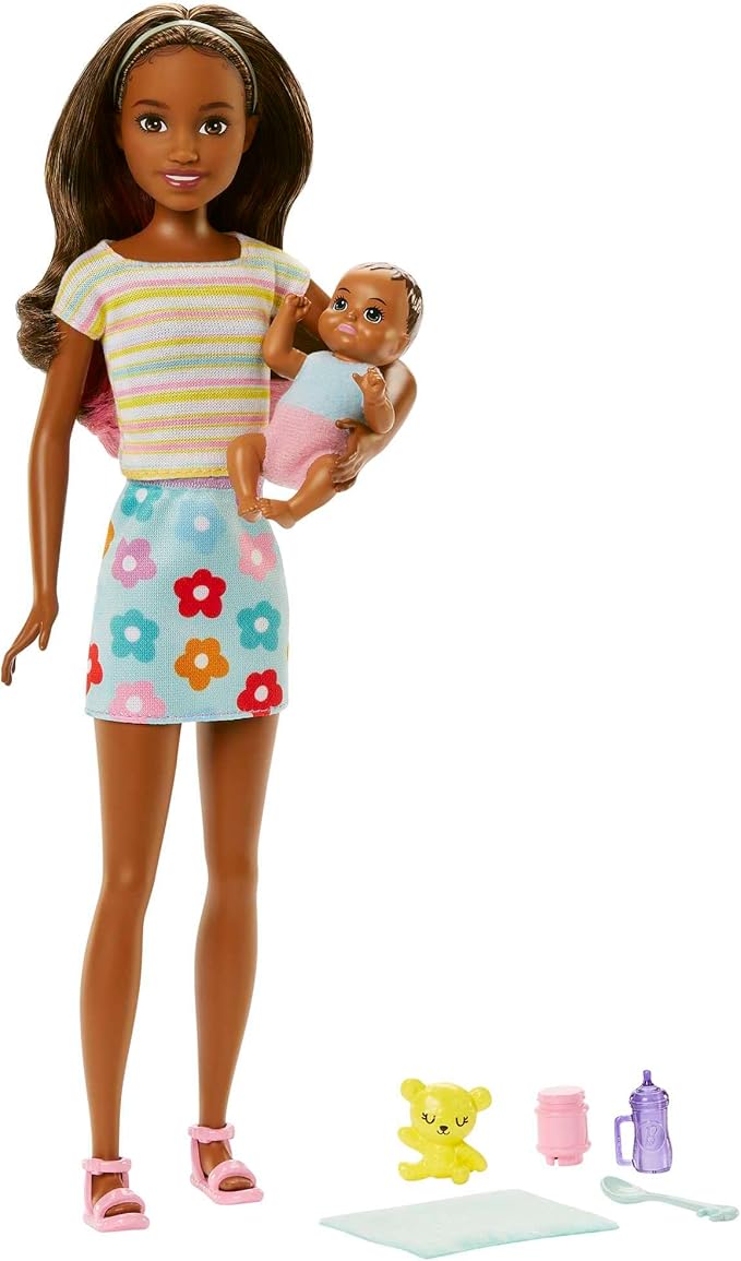 Barbie Skipper Babysitters Inc Doll & Accessories Set with Brunette Doll in Flowered Skirt, Baby Doll & 4 Themed Pieces