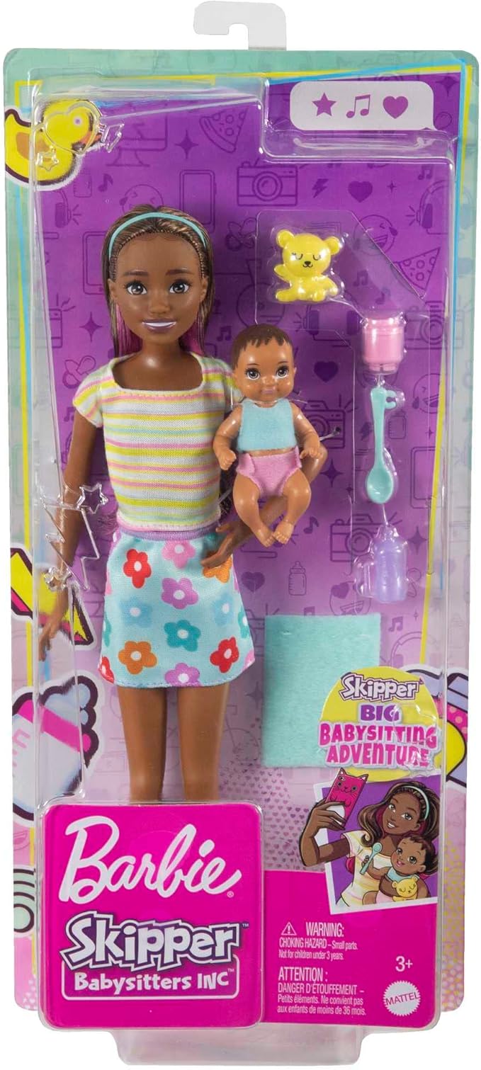 Barbie Skipper Babysitters Inc Doll & Accessories Set with Brunette Doll in Flowered Skirt, Baby Doll & 4 Themed Pieces