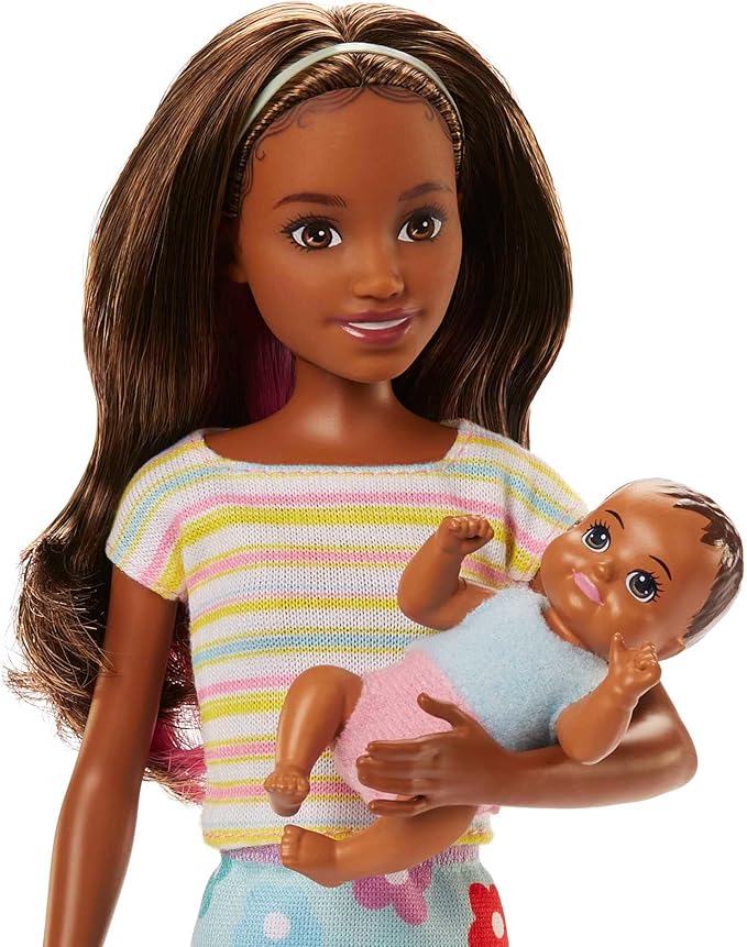 Barbie Skipper Babysitters Inc Doll & Accessories Set with Brunette Doll in Flowered Skirt, Baby Doll & 4 Themed Pieces