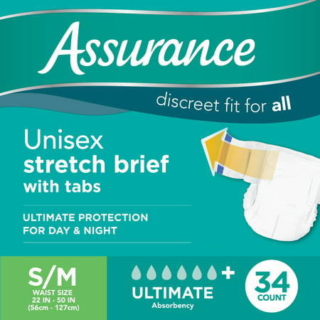 Assurance SMALL/MEDIUM Unisex Stretch Briefs With Tabs 34 Ct